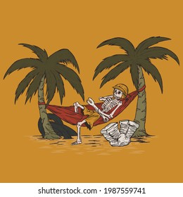 Illustration of a skull relaxing under a coconut tree with a motorcycle engine that he is repairing, for the needs of t-shirt design, and merchandise