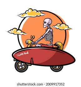 Illustration of a skull ride scooter bringing a surfing board