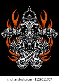 Illustration skull rider custom motorcycle, emblems, t-shirt design, labels, badges, logos, prints, templates, Layered, Easy rider isolated on black background