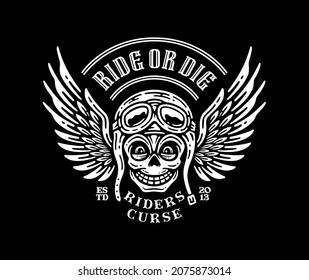 illustration of a skull rider wearing helmet with a wings logo emblem in vintage design