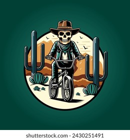 illustration of a skull riding a bicycle in the desert