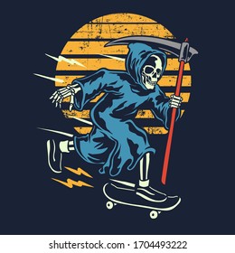 Illustration of a skull riding a skateboard