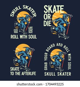 Illustration of a skull riding a skateboard