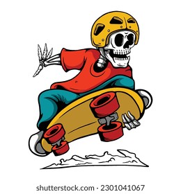 Illustration of a Skull Riding a Skateboard