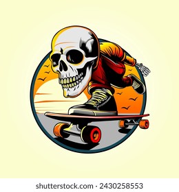 illustration of a skull riding a skateboard with a sunset background
