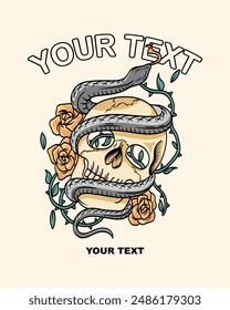 illustration of a skull with roses and a coiled snake