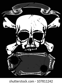 illustration with skull and scroll isolated on black background