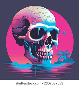 illustration skull and sea waves and palm tree at sunset. tshirt print design