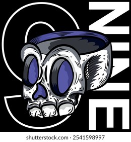 Illustration of a skull in the shape of a cup, skateboard style with purple colors, text backgrounds from different neighborhoods where this sport is practiced. Tattoo style with gradients.