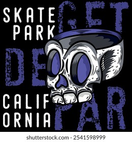 Illustration of a skull in the shape of a cup, skateboard style with purple colors, text backgrounds from different neighborhoods where this sport is practiced. Tattoo style with gradients.