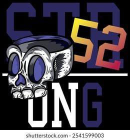 Illustration of a skull in the shape of a cup, skateboard style with purple colors, text backgrounds from different neighborhoods where this sport is practiced. Tattoo style with gradients.