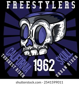 Illustration of a skull in the shape of a cup, skateboard style with purple colors, text backgrounds from different neighborhoods where this sport is practiced. Tattoo style with gradients.