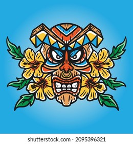 illustration of skull shaped tiki mask with hibiscus flower on blue background