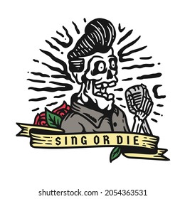 illustration of a skull singing carrying a microphone with a ribbon