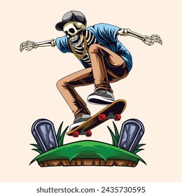 Illustration Skull Skateboard Trick Vector