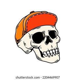 Illustration of a skull in skateboarder cap. Design element for poster, card, banner, sign. Vector illustration