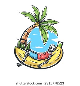illustration of a skull sleeping on a banana. beach view. vector illustration of a tattoo on a white background