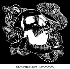Illustration of skull with snake in black background