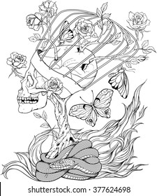 illustration with skull, snake, butterflies and flowers