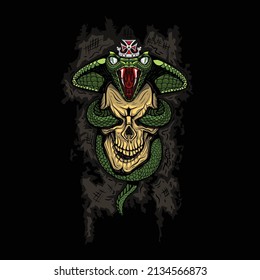 Illustration of a skull with a snake in it and with a crown on its head. T-Shirt and tattoo graphics.