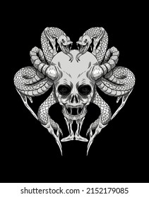 illustration of skull and snakes for shirt or tattoo design