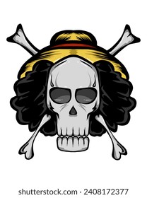 Illustration of a skull with a straw hat. Perfect for stickers, logos, mascots, icons, posters, clothes, hats.