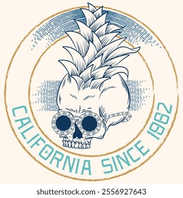 Illustration of a skull with sunglasses and a pineapple arrangement in its hair, a design with palm tree and fish decorations, texts, and ornaments that are in the style of a vacation beach for going 