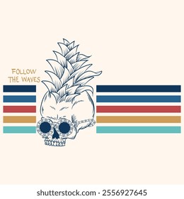 Illustration of a skull with sunglasses and a pineapple arrangement in its hair, a design with palm tree and fish decorations, texts, and ornaments that are in the style of a vacation beach for going 