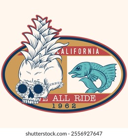 Illustration of a skull with sunglasses and a pineapple arrangement in its hair, a design with palm tree and fish decorations, texts, and ornaments that are in the style of a vacation beach for going 