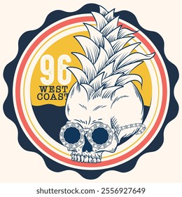 Illustration of a skull with sunglasses and a pineapple arrangement in its hair, a design with palm tree and fish decorations, texts, and ornaments that are in the style of a vacation beach for going 