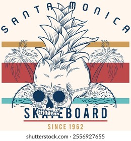 Illustration of a skull with sunglasses and a pineapple arrangement in its hair, a design with palm tree and fish decorations, texts, and ornaments that are in the style of a vacation beach for going 