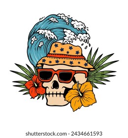 Illustration of skull in sunglasses, straw hat. Summer flowers and palm leaves. Summer theme. Vector illustration
