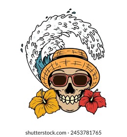 Illustration of skull in sunglasses, straw hat. Summer flowers and palm leaves. Summer theme. Vector illustration