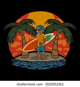 ILLUSTRATION SKULL SURF AND BEACH PREMIUM VECTOR