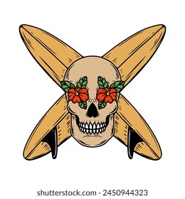 Illustration of skull with surfing board. Summer theme. Vector illustration