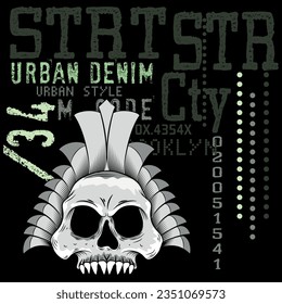 Illustration Skull Tattoo with crest and text urban denim, Fashion Street Cool Design.