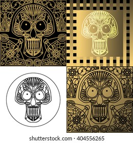 Illustration of a skull tattoo. Florid ornament . Black and white background .   Icon  .To print in a hipster style. line art . flat 