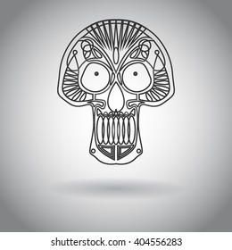 Illustration of a skull tattoo. Florid ornament . Black and white background . Isolated skull. Icon skull .To print in a hipster style. line art . flat style