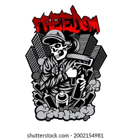 illustration of a skull that wants freedom by using spray paint on his hand