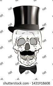 Illustration of skull in top hat and bow-tie. Vector skull print.