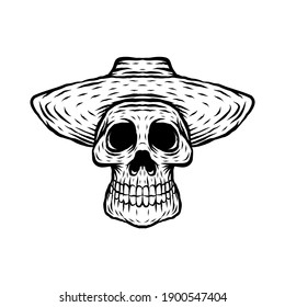 Illustration of a skull in traditional hat. Cowboy skeleton