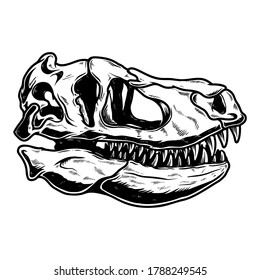 Illustration of skull of Tyrannosaurus dinosaur in vintage monochrome style. Design element for logo, emblem, sign, poster, card, banner. Vector illustration