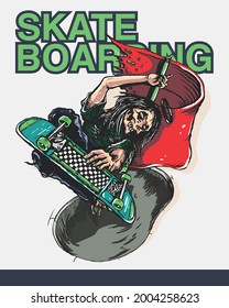 illustration of a skull using a skateboard jumping in the air for posters and t-shirt designs