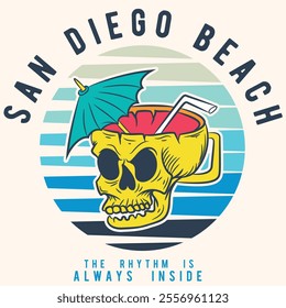 Illustration of a skull with a vacation mug with an umbrella and a margarita cocktail to enjoy the sun and the beach with texts about different beaches and with geometric shapes with summer colors.