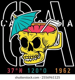 Illustration of a skull with a vacation mug with an umbrella and a margarita cocktail to enjoy the sun and the beach with texts about different beaches and with geometric shapes with summer colors.