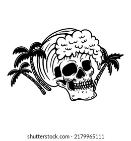 Illustration of skull with wave. Summer theme. Design element for poster, card, banner, emblem, sign. Vector illustration