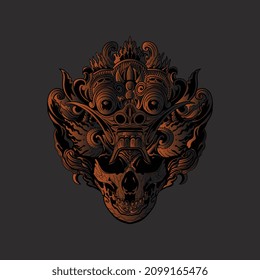 illustration of a skull wearing a Balinese mask with various ornaments, can be used as a logo, icon, mascot, etc.