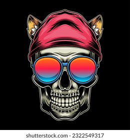 illustration of a skull wearing a beanie and glasses