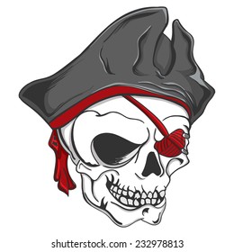 Illustration of a skull wearing a black pirate hat and red eye patch.