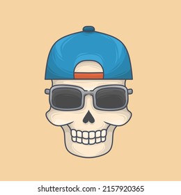 illustration of skull wearing blue hat and sunglasses suitable for t-shirt design